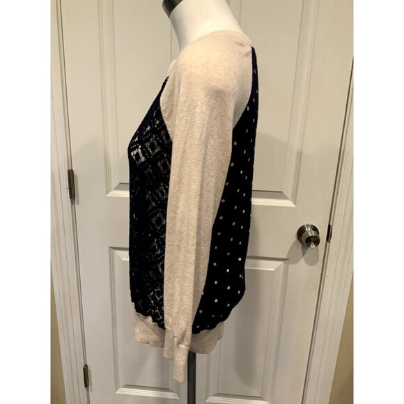 Camellia Tan & Navy Blue Button-Up Cardigan W/ Floral Lace, Size Medium, NWT! - Picture 4 of 9